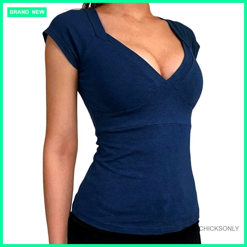 V-Neck Slim Fit Crop Top with Back Bow, Short Sleeve, Cotton Blend